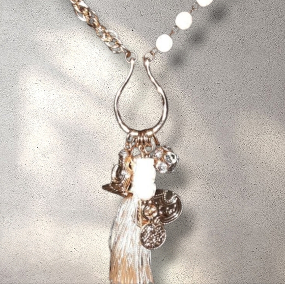 Buddha multi charm pendant gemstone bead goldtone necklace tassel Tribal